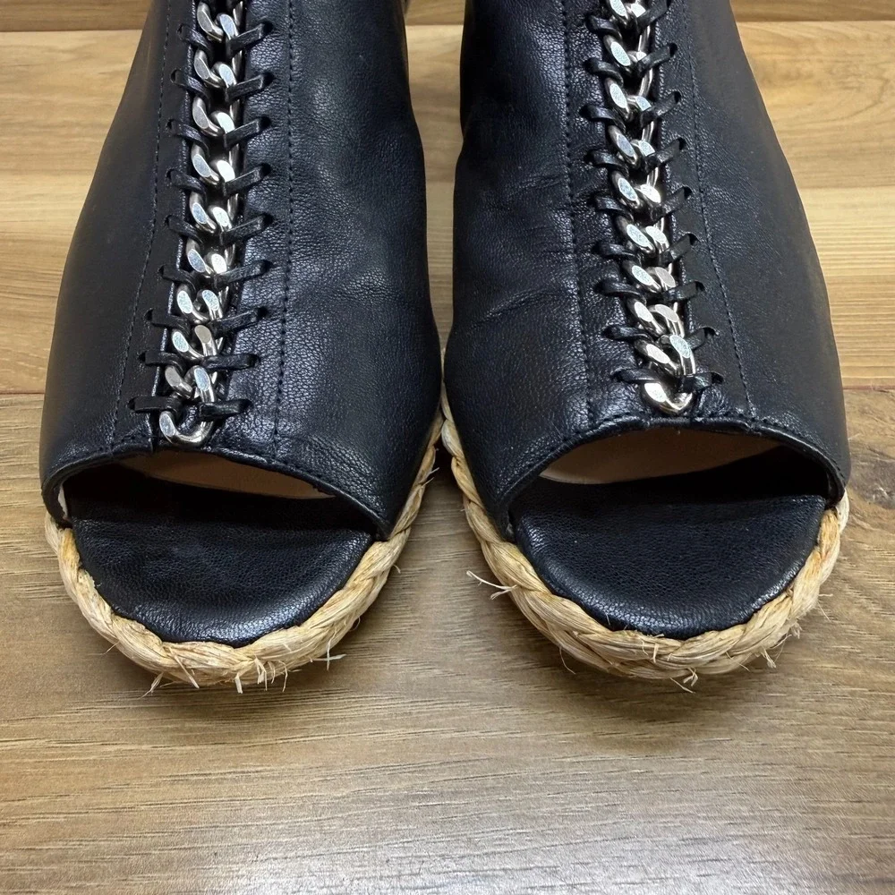 Stuart‎ Weitzman Chain Wedge Sandals Womens 7.5 M Black Leather Slingback